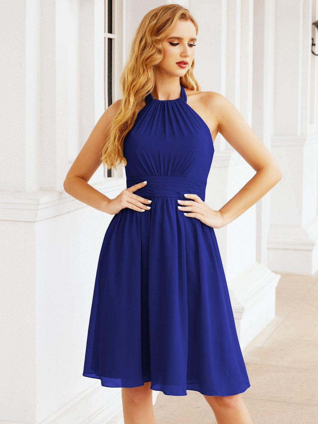 Halter Chiffon Bridesmaid Dresses Short Sleeveless Formal Party Dress Open Back 28023