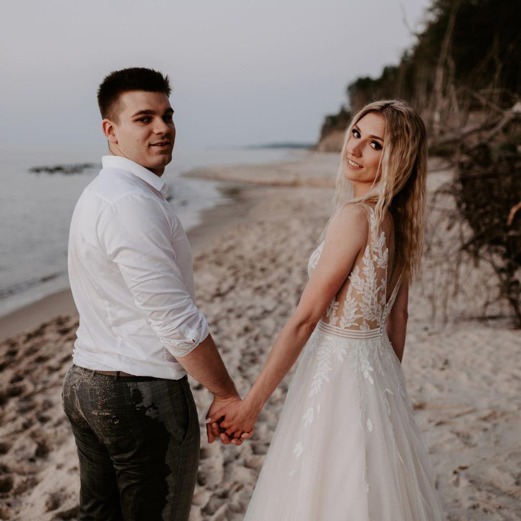 V-Neck Open Back A-Line Long Wedding Dress With Tulle Lace