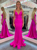 Meerjungfrau Rosa V-Ausschnitt Rückenfreies Satin Langes Ballkleid