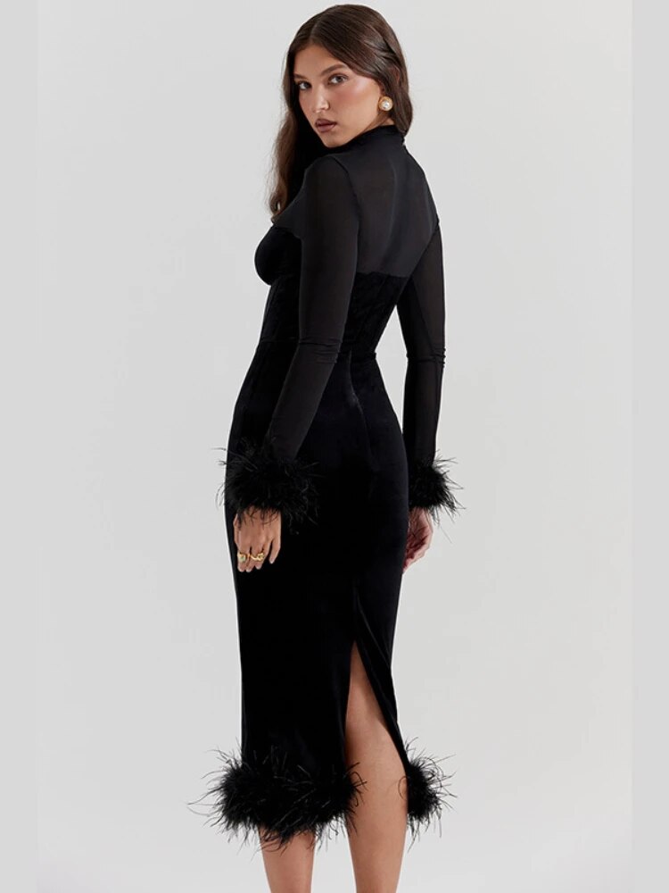 Robe Maxi Femme en Maille TARUXY à Empiècement, Taille Haute, Coupe Slim, Plumet, Élégante, Rétro, pour Soirée ou Fête