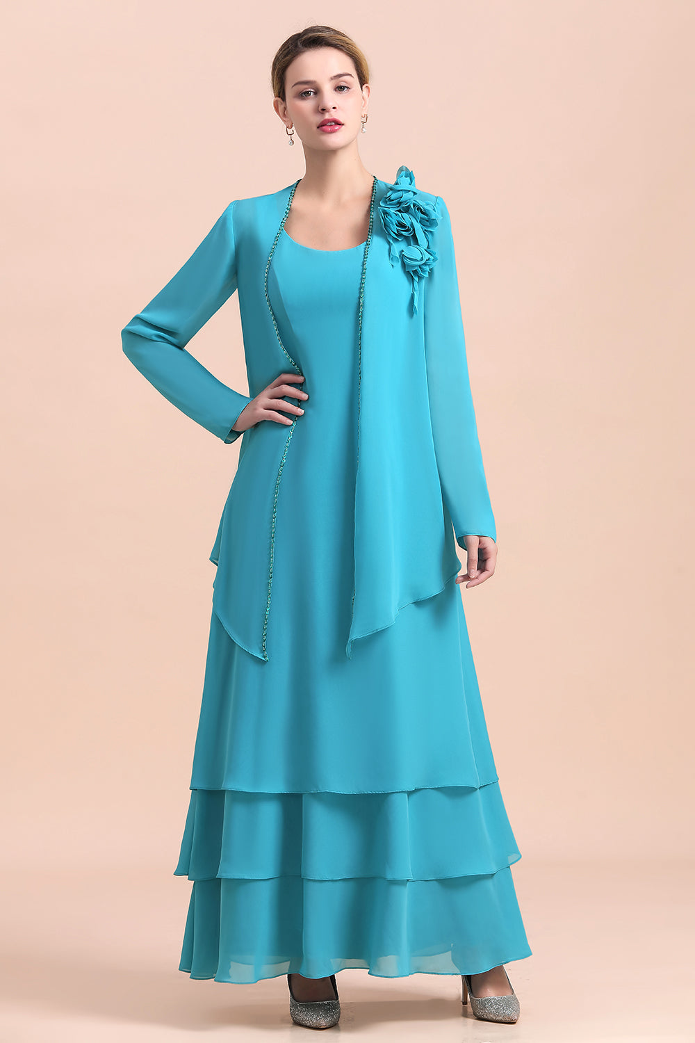 BMbridal Gorgeous Square Neck Flowers Layers Mother of Bride Dress with Long Wraps