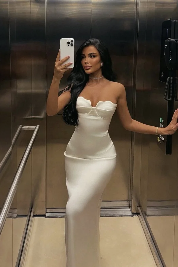 White Strapless Mermaid Prom Dress With Pleated Skirt Custom Colors
