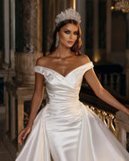 Sweetheart Backless Satin A Line Wedding Dress Off Shoulder Ruffles Appliques