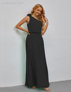 Ruffled One Shoulder Sleeveless Long Bridesmaid Dresses A-line Formal Evening Gown Side Split 28080