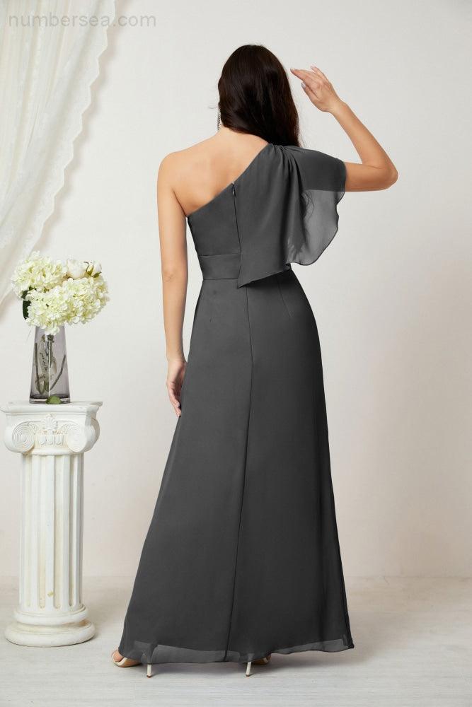 Chiffon Ruffled One Shoulder Long Bridesmaid Dresses A-line Formal Evening Gown Side Split 2809