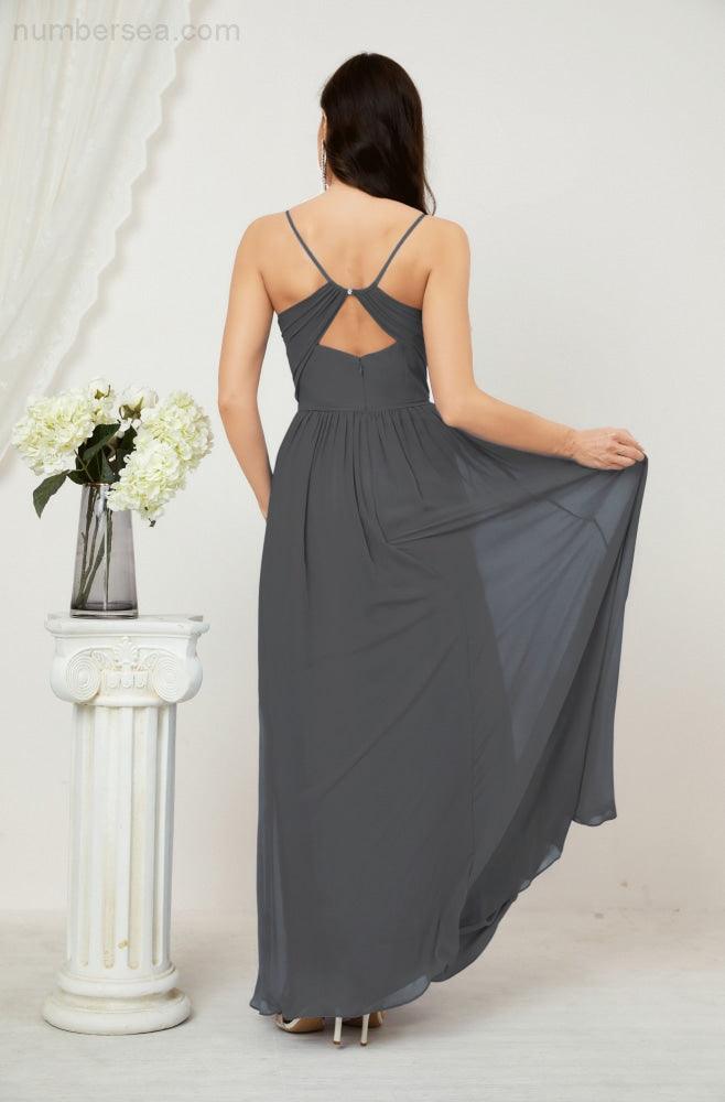 Neck Bridesmaid Dresses Chiffon Long Spaghetti A-line Formal Prom Gown for Wedding Party Evening 2801
