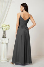 Chiffon V-Neck Bridesmaid Dress Spaghetti Strap Long Formal Party Prom Gowns with Slit 28010