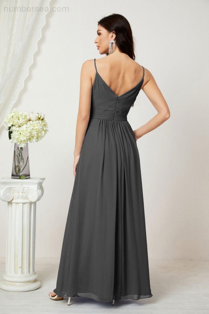Chiffon V-Neck Bridesmaid Dress Spaghetti Strap Long Formal Party Prom Gowns with Slit 28010