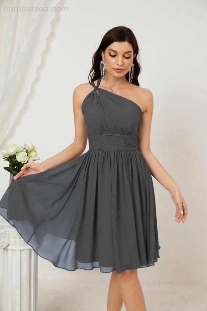 Women Chiffon Short One Shoulder Bridesmaid Dress Formal Dresses for Party Homecoming  2804