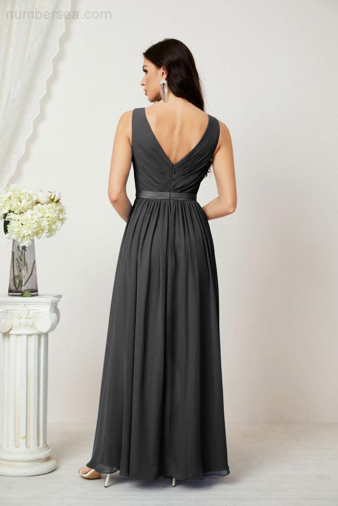 Abiti lunghi da damigella in chiffon da donna, linea a, senza maniche, abito formale da ballo per serata, abiti per festa di ritorno a casa 2808