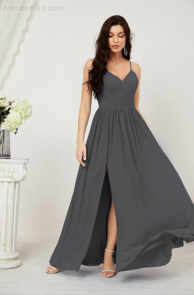 Neck Bridesmaid Dresses Chiffon Long Spaghetti A-line Formal Prom Gown for Wedding Party Evening 2801
