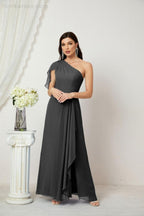 Chiffon Ruffled One Shoulder Long Bridesmaid Dresses A-line Formal Evening Gown Side Split 2809