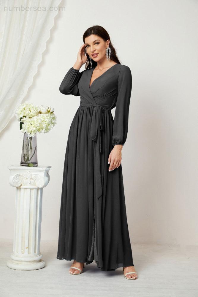 Evening Dresses Deep V-Neck Chiffon Bridesmaid Dresses Long Bishop Sleeve Side Split Formal Dress 2806