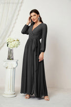 Evening Dresses Deep V-Neck Chiffon Bridesmaid Dresses Long Bishop Sleeve Side Split Formal Dress 2806