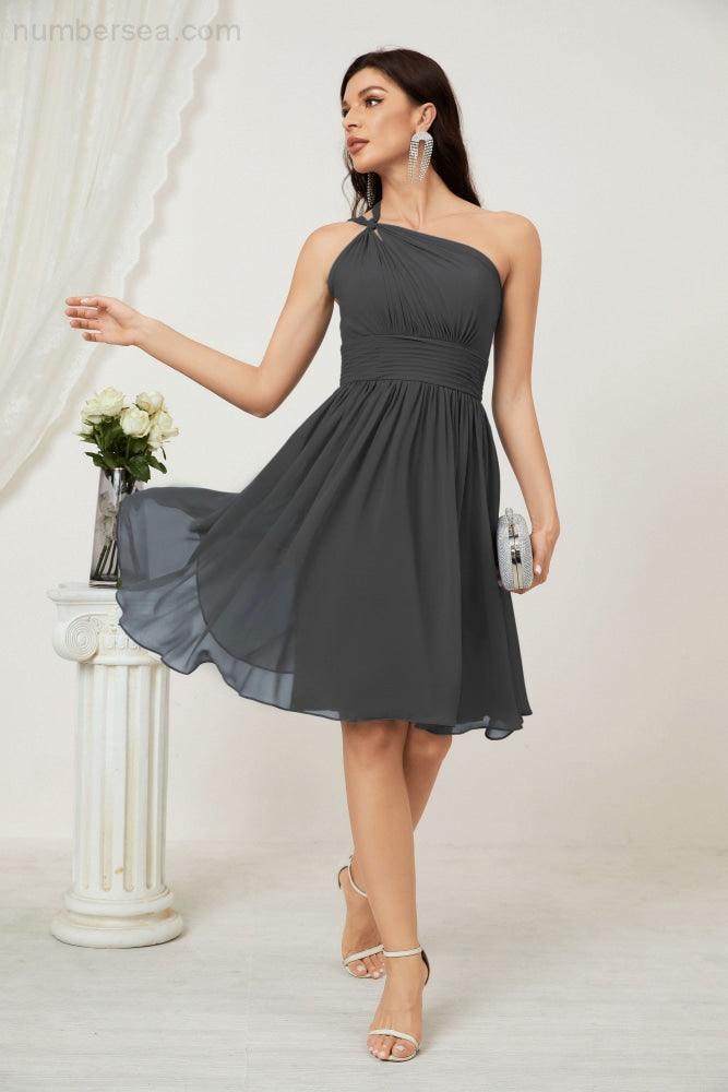 Women Chiffon Short One Shoulder Bridesmaid Dress Formal Dresses for Party Homecoming  2804