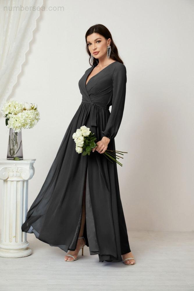 Evening Dresses Deep V-Neck Chiffon Bridesmaid Dresses Long Bishop Sleeve Side Split Formal Dress 2806
