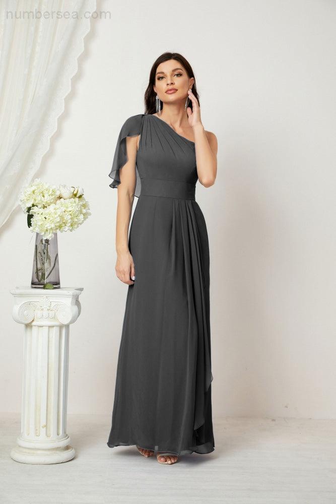 Chiffon Ruffled One Shoulder Long Bridesmaid Dresses A-line Formal Evening Gown Side Split 2809