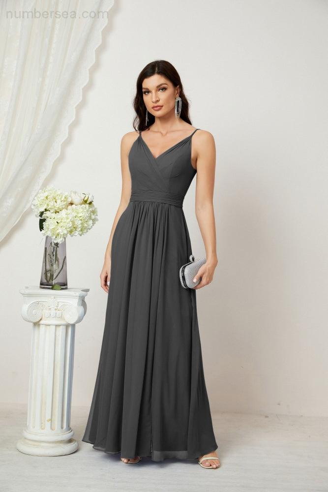 Chiffon V-Neck Bridesmaid Dress Spaghetti Strap Long Formal Party Prom Gowns with Slit 28010
