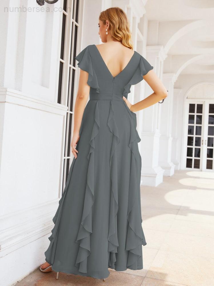 Ruffled Bridesmaid Dresses with Sleeves Long Formal Party Dress 28041