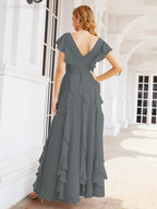 Ruffled Bridesmaid Dresses with Sleeves Long Formal Party Dress 28041