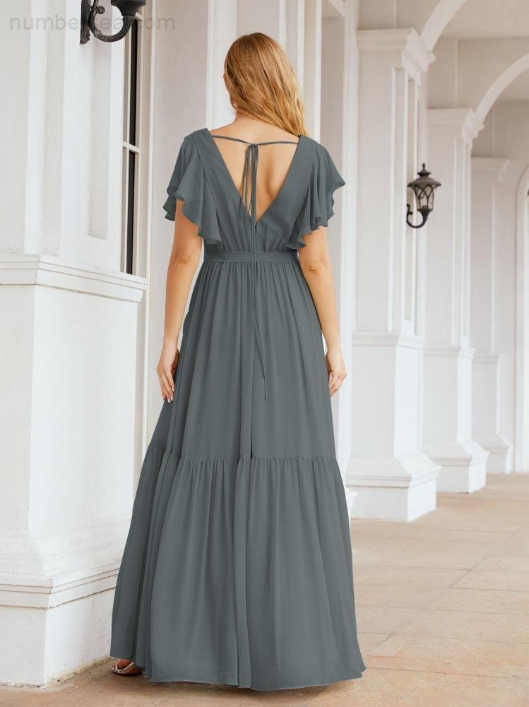 Abiti da sera formali da donna Numbersea con schiena scoperta, scollo a V, lunghi in chiffon, abiti da damigella con cintura in vita 28038