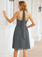 Halter Chiffon Bridesmaid Dresses Short Sleeveless Formal Party Dress Open Back 28023