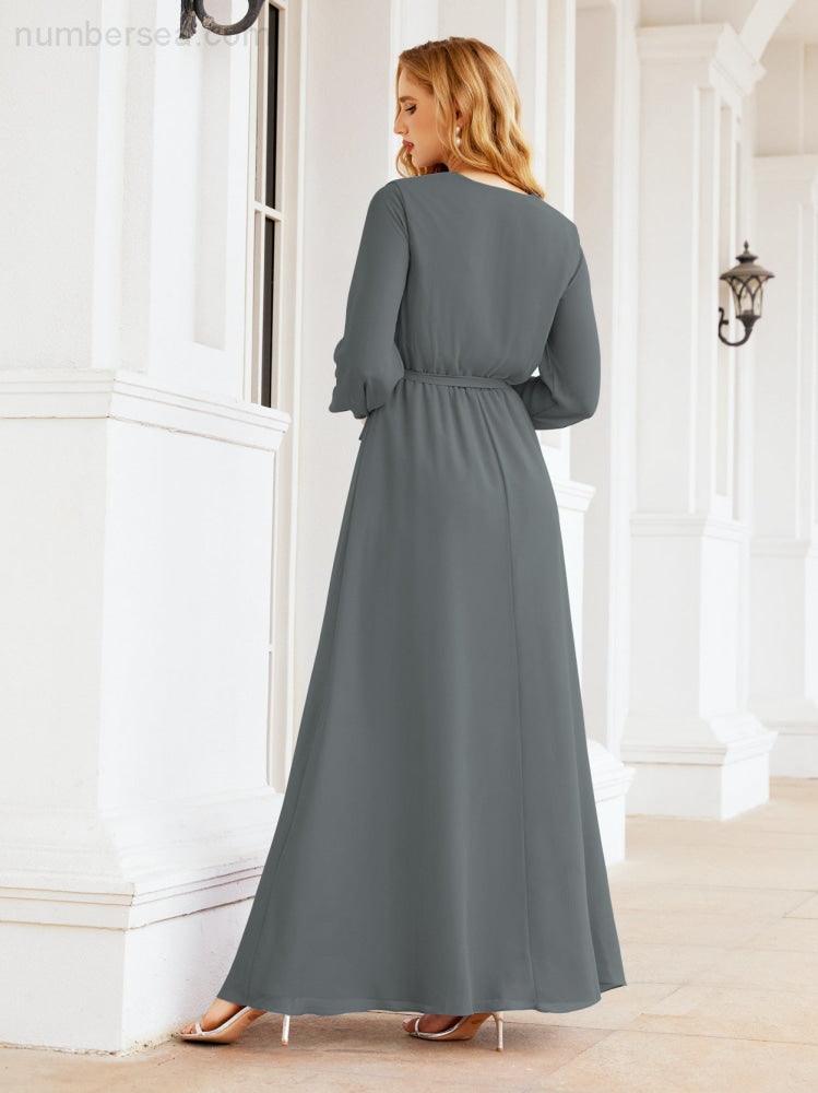 Vestito da damigella d'onore in chiffon da donna Numbersea, linea a trapezio, maniche lunghe, abito lungo formale da sera per ospite di matrimonio 28032