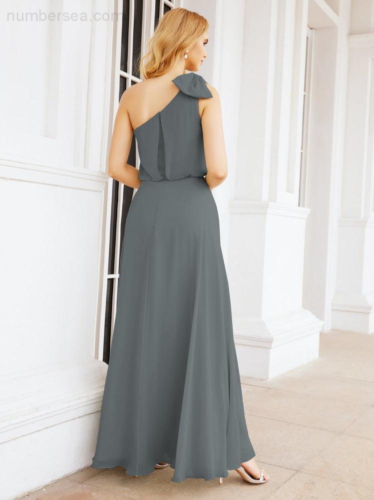 Chiffon Ruffled One Shoulder Sleeveless Long Bride Dresses A-line Formal Evening Gown Side Split 28057