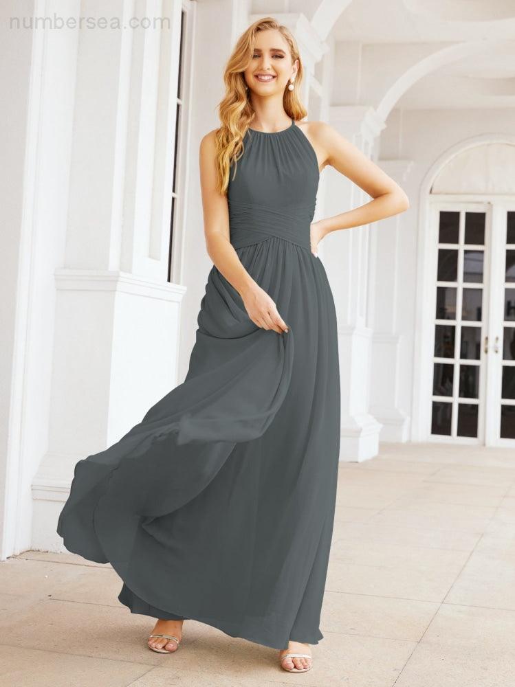 Sleeveless Bridesmaid Dresses Long Prom Gown Zipper with Keyhole Back 28056