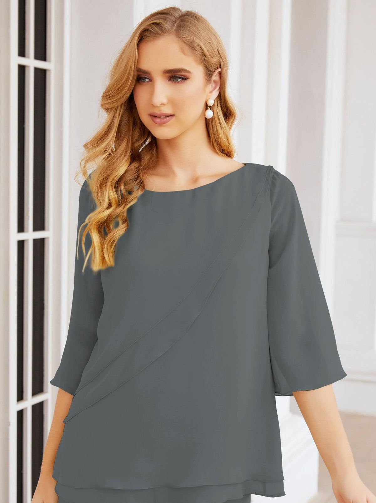 Numbersea Elegantes 2-teiliges Kleid für die Brautmutter Große Größen Hosenanzug mit Rüschenschichten Silberner Hausmantel 28064