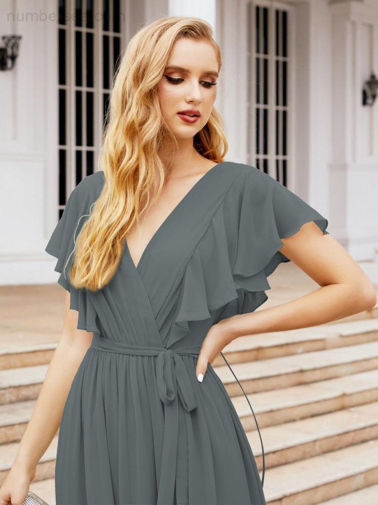 Abiti da sera formali da donna Numbersea con schiena scoperta, scollo a V, lunghi in chiffon, abiti da damigella con cintura in vita 28038