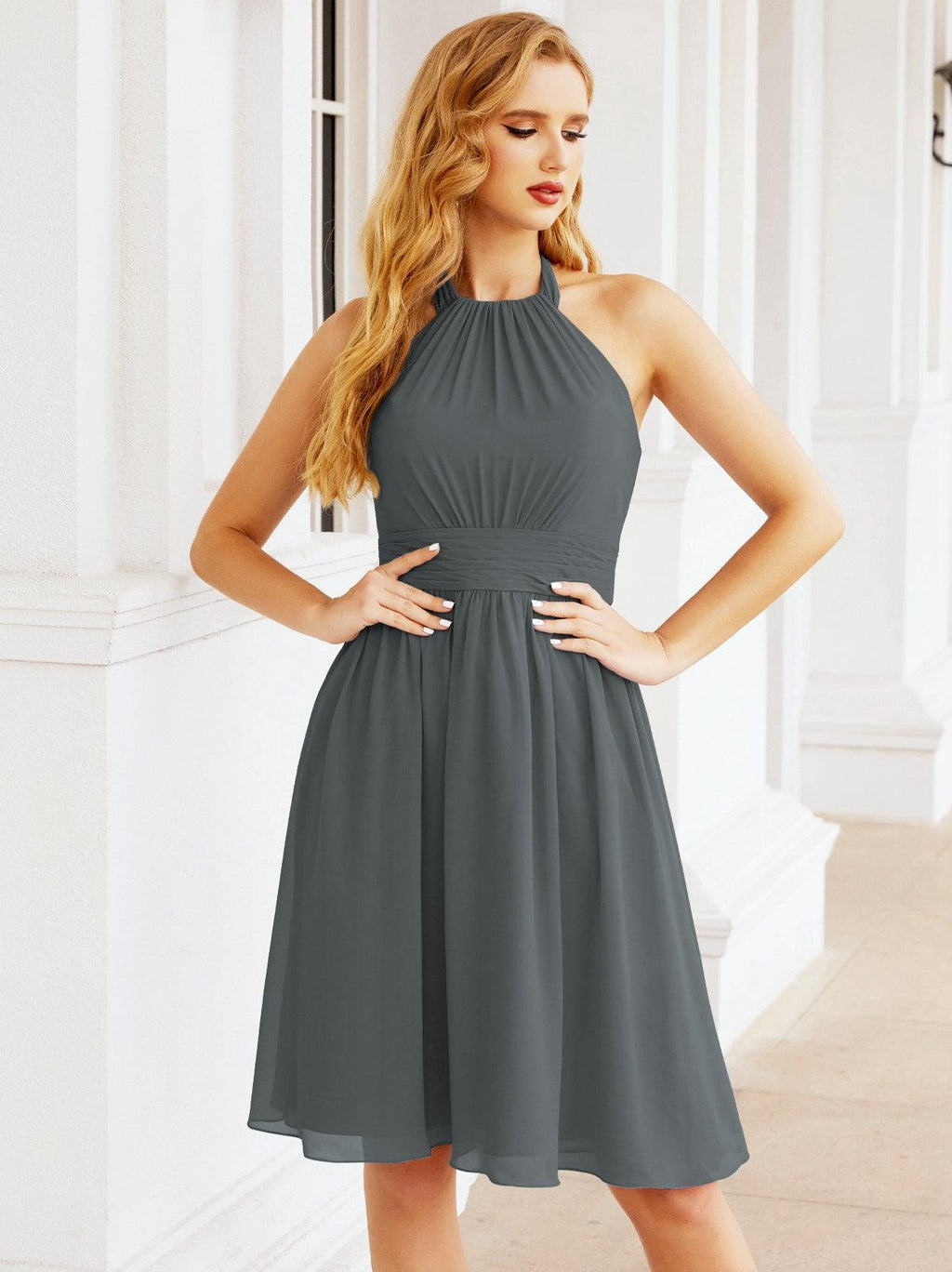 Halter Chiffon Bridesmaid Dresses Short Sleeveless Formal Party Dress Open Back 28023
