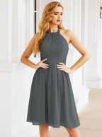 Halter Chiffon Bridesmaid Dresses Short Sleeveless Formal Party Dress Open Back 28023