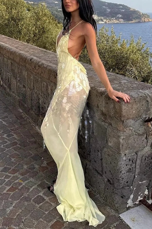 Robe longue fendue dos nu à encolure en V profond avec paillettes et ourmet en queue de poisson - Jaune