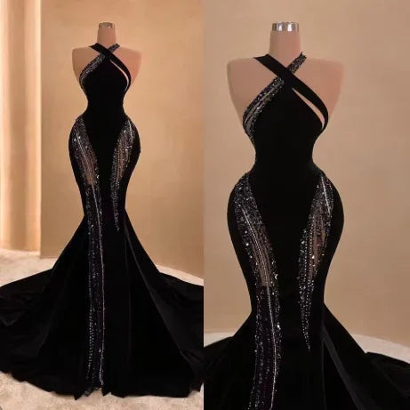 Abito lungo da sera nero sirena con strascico, elegante vestito da sera nero Y4178
