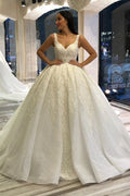 Spaghetti Straps Sequins Backless Ball Gown Sweetheart Wedding Dress Lace