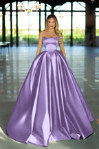 Strapless Sleeveless Long A Line Prom Dress With Pockets Pleated Custom Colors