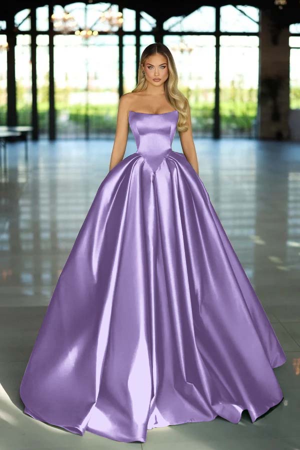 Strapless Sleeveless Long A Line Prom Dress With Pockets Pleated Custom Colors