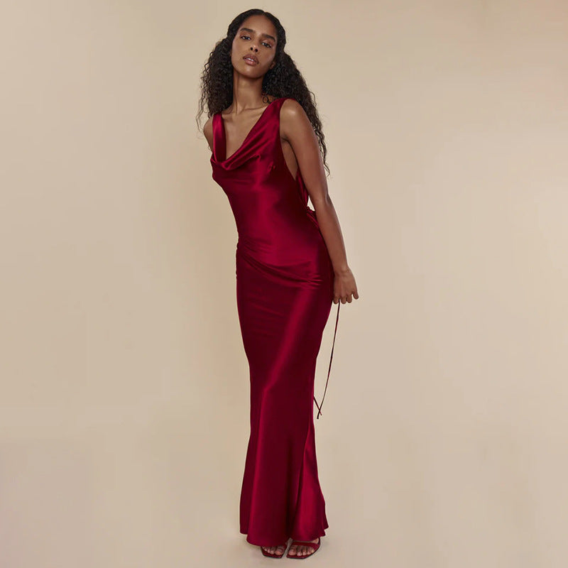 Abito da Cocktail Sera per Donna con Scollo Asimmetrico e Spalline, Abito Sexy Senza Schienale con Lacci, Abito Lungo