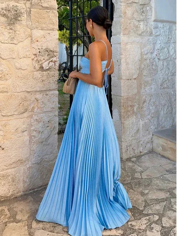 Vestido largo de fiesta azul sexy con tirantes finos tipo halter, línea en A, sin espalda Y8090
