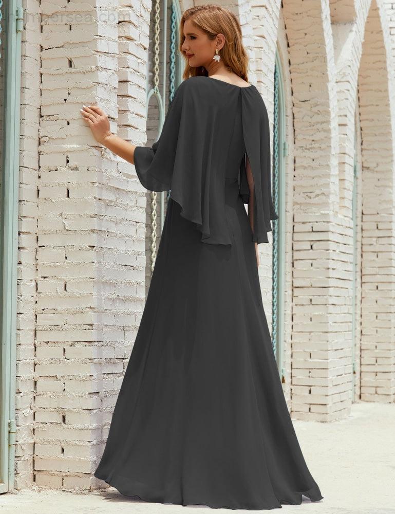 Bridesmaid Dress Women Long Sleeve V-Neck Chiffon Formal Wedding Party Dress 28018