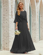 Bridesmaid Dress Women Long Sleeve V-Neck Chiffon Formal Wedding Party Dress 28018
