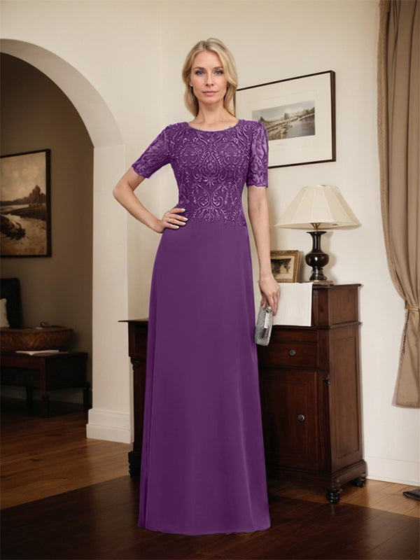 A-line Scoop Floor-Length Lace Chiffon Mother of the Bride Dress With Sequins