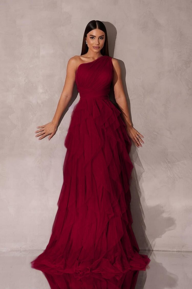 Chic One Shoulder Sleeveless Long Prom Dress With Tulle Ruffle