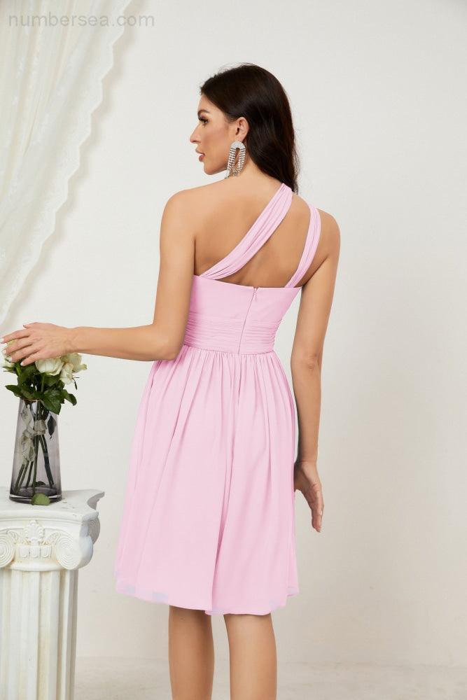 Women Chiffon Short One Shoulder Bridesmaid Dress Formal Dresses for Party Homecoming  2804