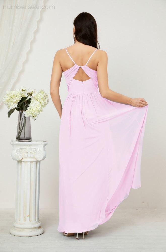 Neck Bridesmaid Dresses Chiffon Long Spaghetti A-line Formal Prom Gown for Wedding Party Evening 2801