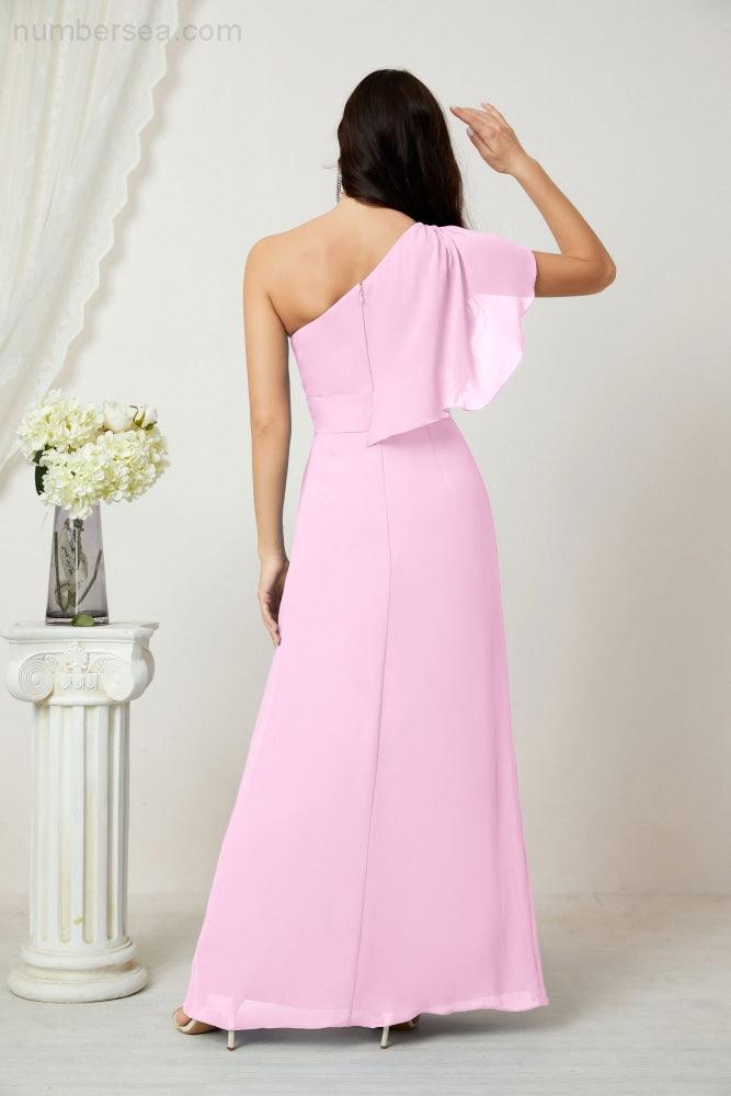 Chiffon Ruffled One Shoulder Long Bridesmaid Dresses A-line Formal Evening Gown Side Split 2809