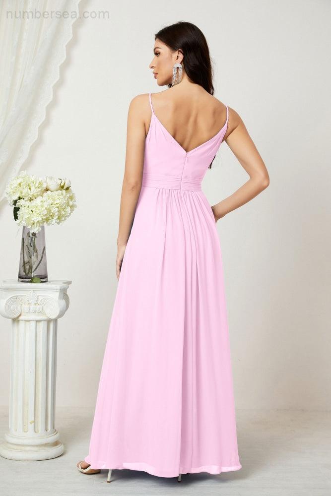 Chiffon V-Neck Bridesmaid Dress Spaghetti Strap Long Formal Party Prom Gowns with Slit 28010