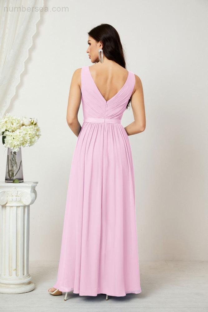 Abiti lunghi da damigella in chiffon da donna, linea a, senza maniche, abito formale da ballo per serata, abiti per festa di ritorno a casa 2808
