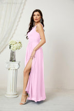 Chiffon V-Neck Bridesmaid Dress Spaghetti Strap Long Formal Party Prom Gowns with Slit 28010